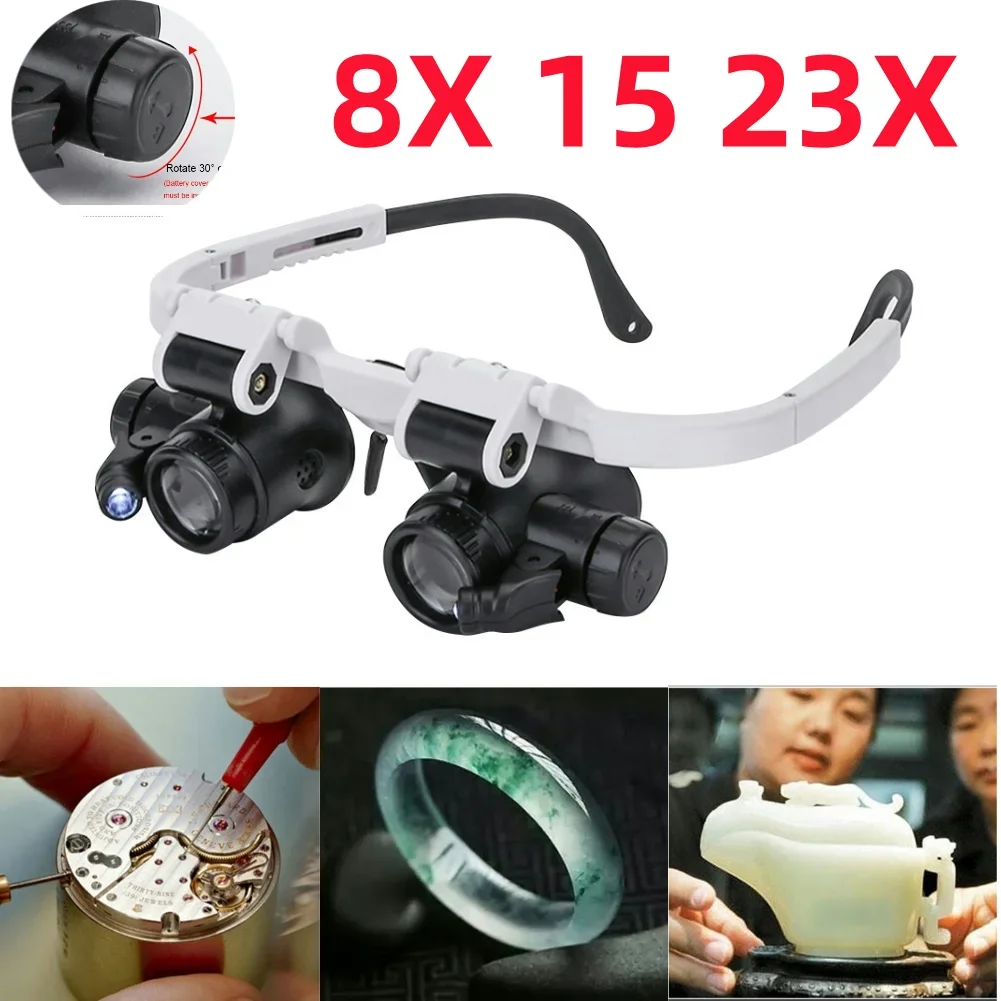 8X/15X/23X Head-mounted LED Magnifying Glass 2XLED Watch Jeweler Repair Reading Observation Telescopic Magnifier Glasses