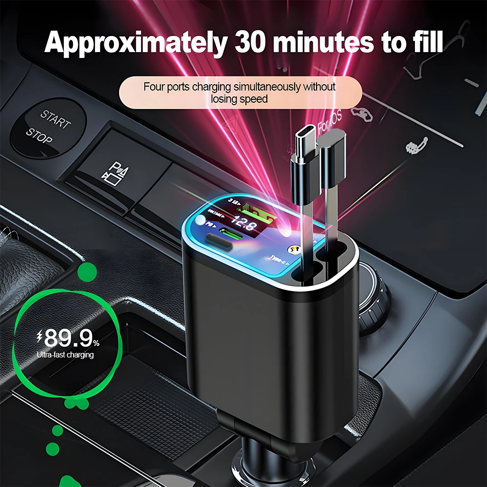 KEBIDUMEI M4 Retractable Car Charger 5-IN-1 Fast Charging Cable with Star Light USB PD Port Type-C Power Adapter Phone Chargers