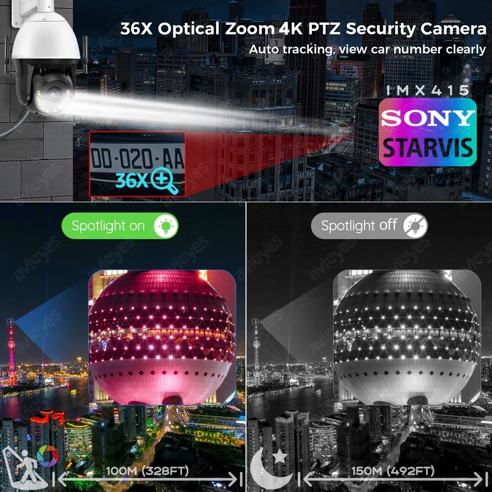 4K 36X Optical Zoom PTZ Security Camera Outdoor WiFi PoE IP Camera Spotlight 150M Night Vision Auto Tracking Cruise Dome Cameras