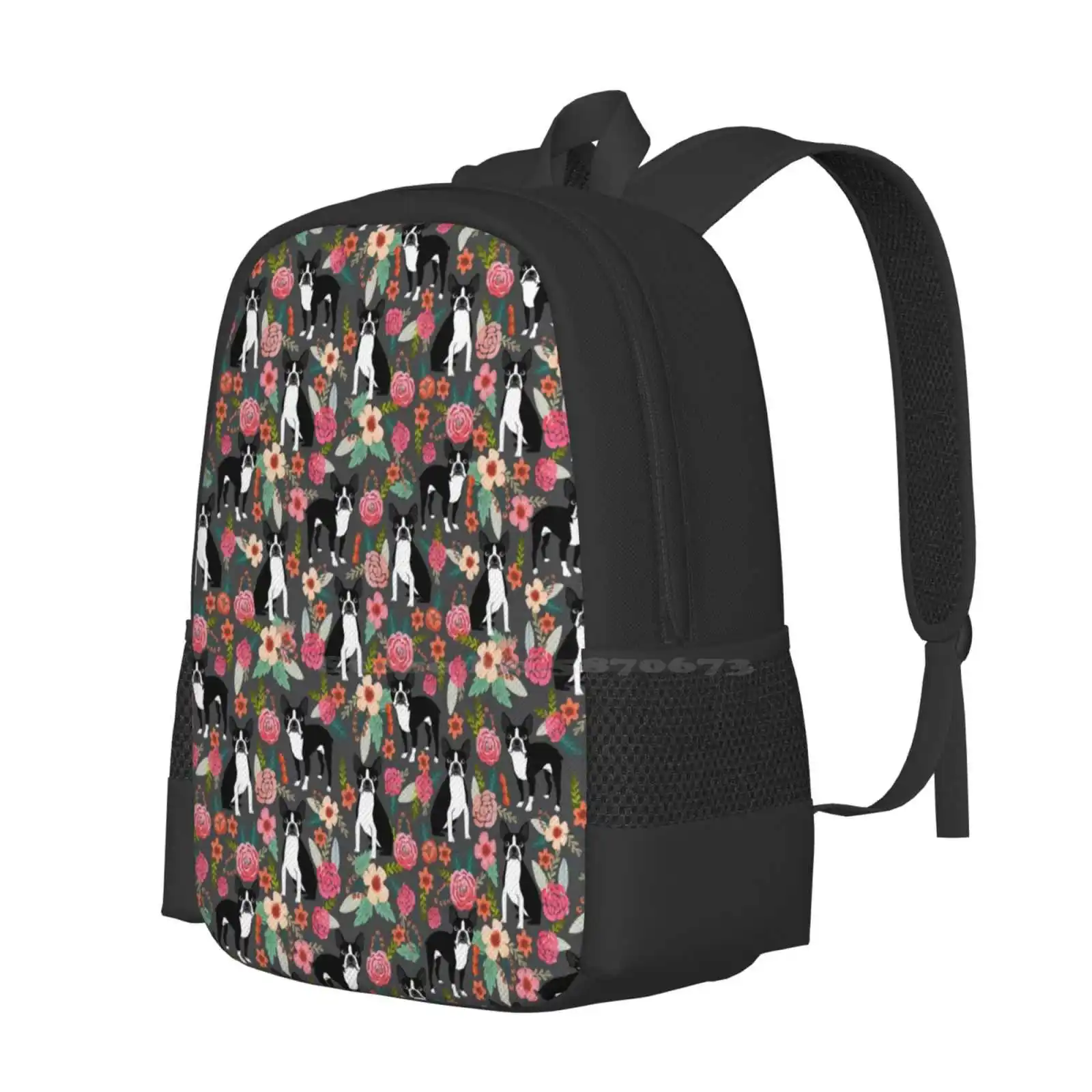 Boston Terrier Floral Dog Breed Pet Art Must Have Boston Terriers Gifts Pattern Design Bagpack School Bags Pet Art Must Have