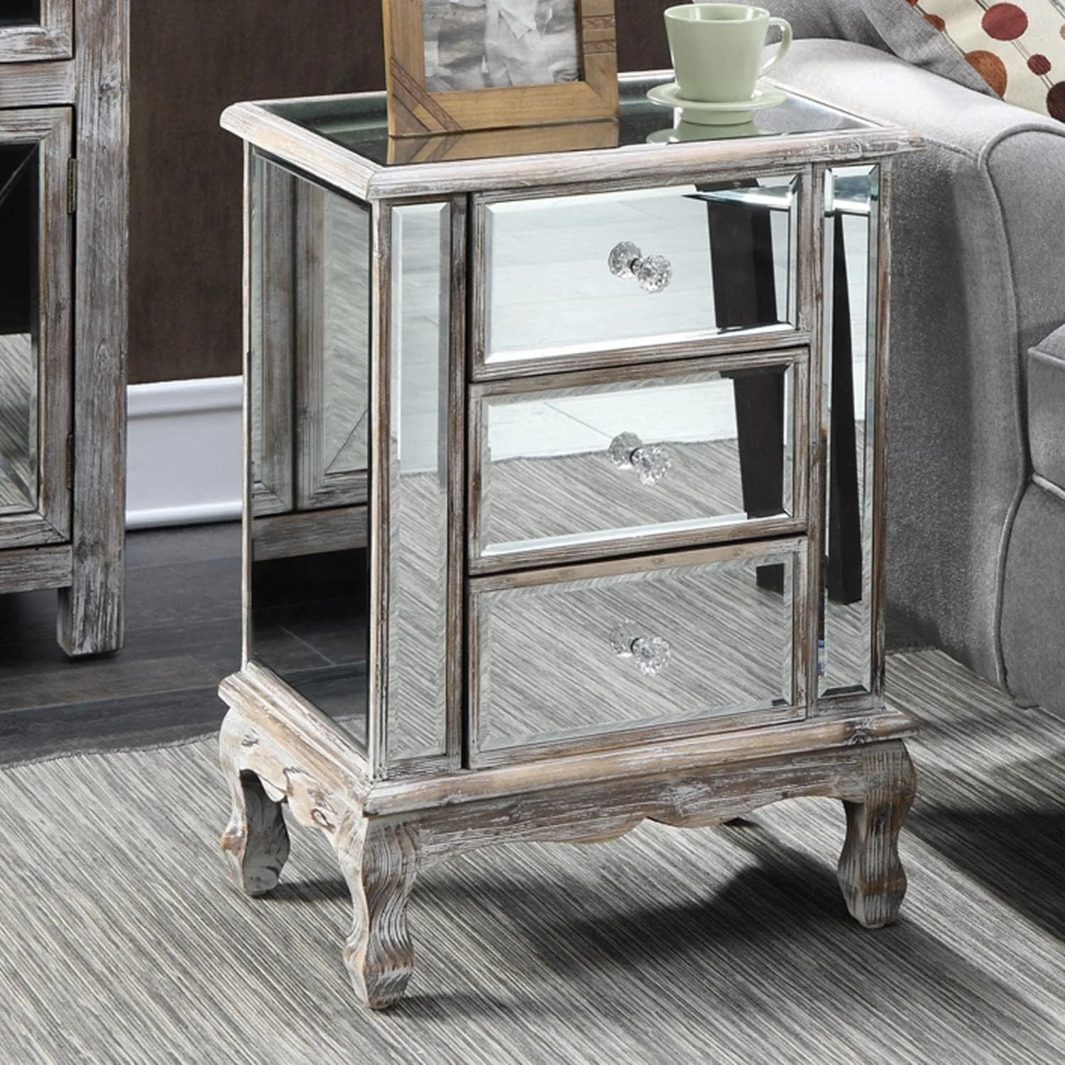 Convenience Concepts Gold Coast Collection 3-Drawer End Table, 12 in x 19 in x 24.75 in, Weathered White/Mirror