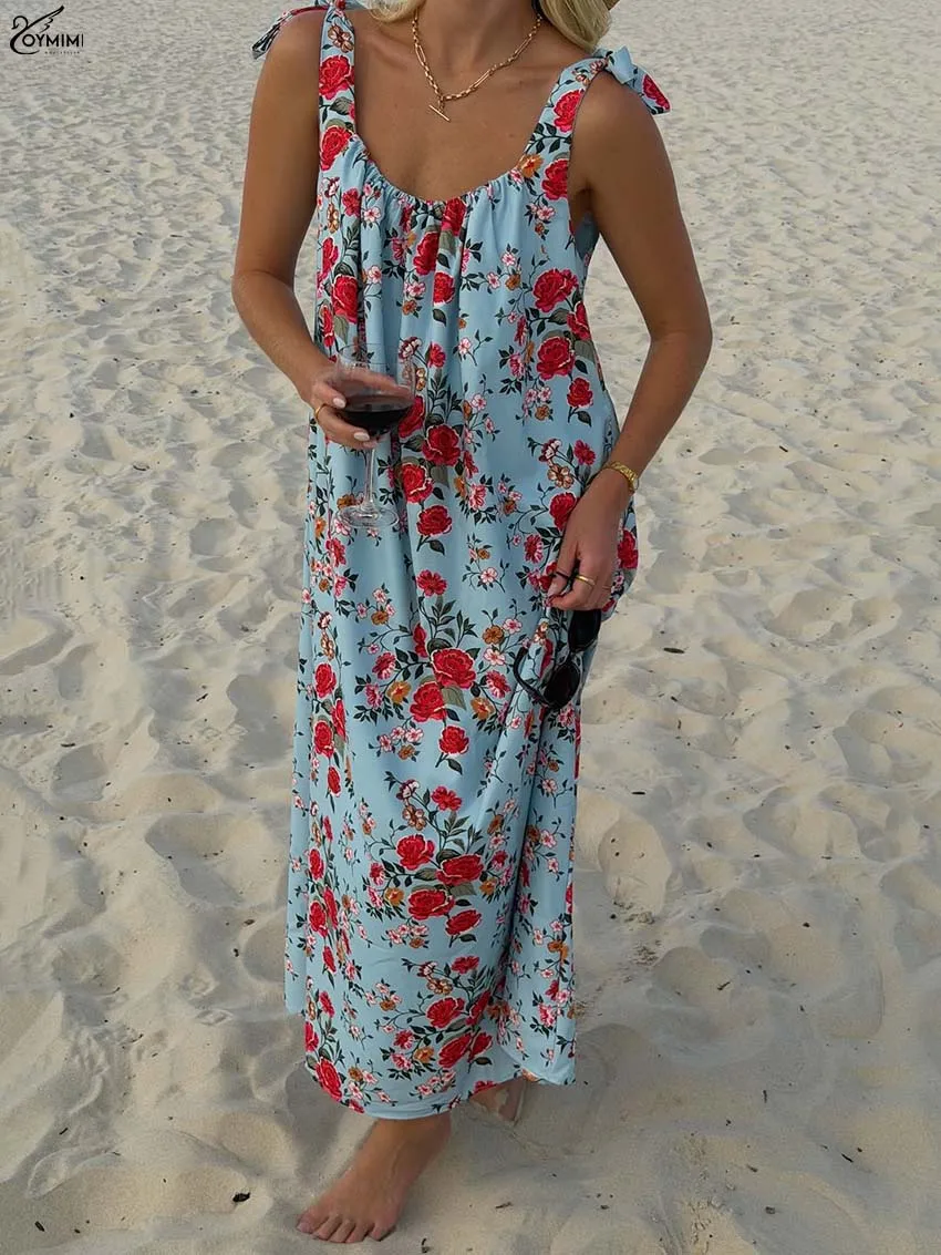 

Oymimi Elegant Blue Print Dresses For Woman Fashion O-Neck Sleeveless Slip Dresses Casual Open Back Loose Ankle-Length Dress
