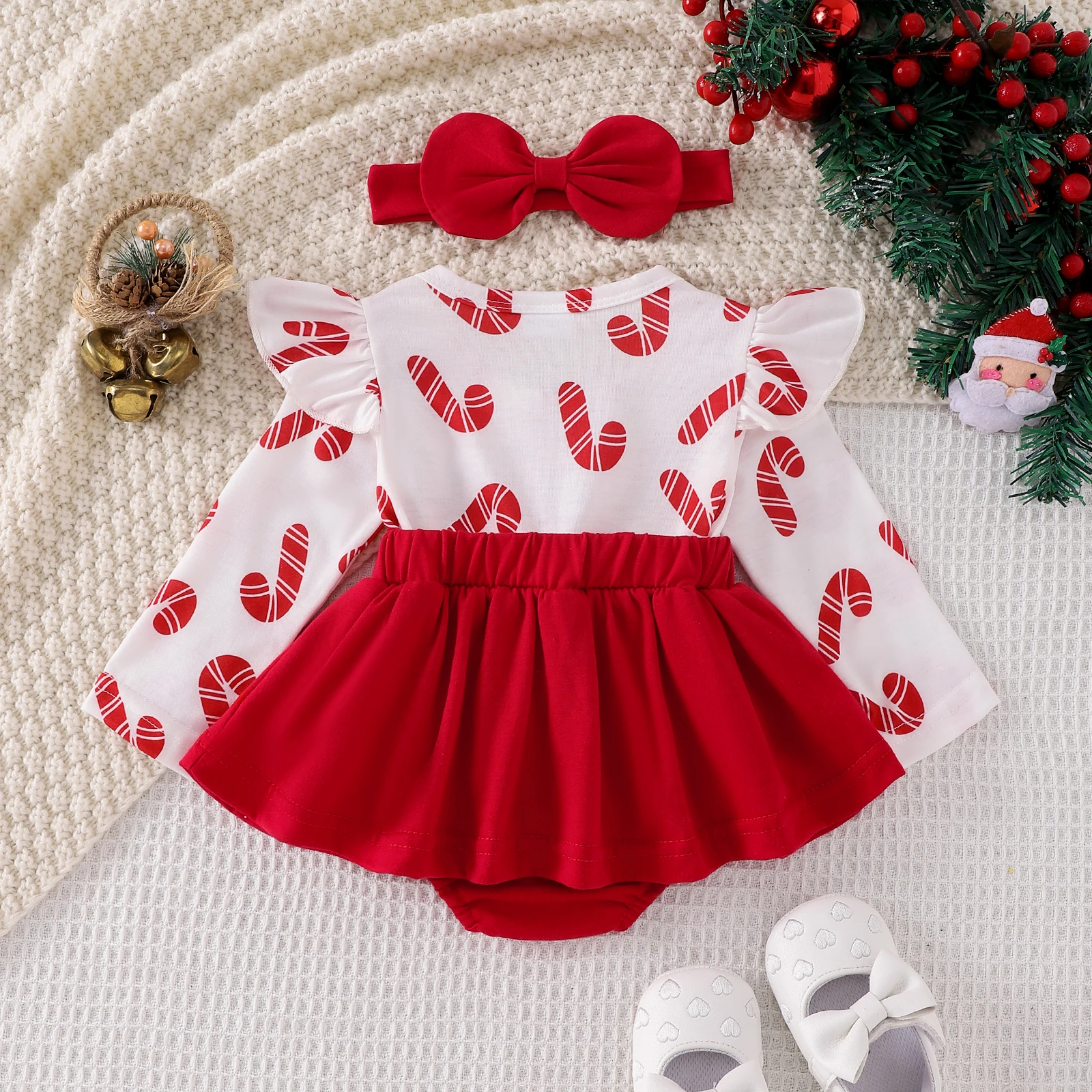 Infant Baby Clothing Girl Christmas Holiday Ruffle Trim Patch Long Sleeve Romper Dress Bow Headband Jumpsuit Xmas Clothes