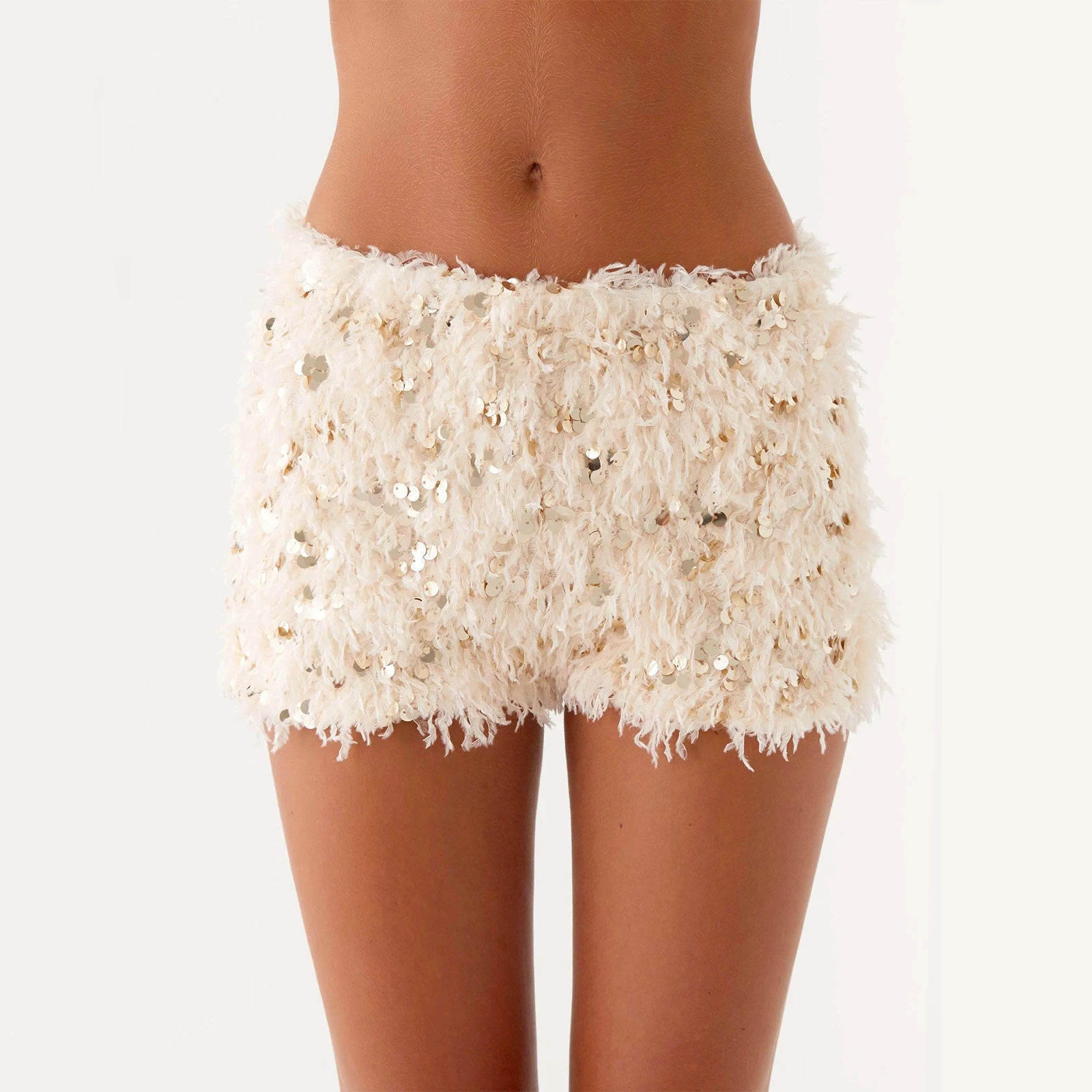 

Women Y2K Bling Shorts Low Feathers Waist Furry Sequined Slim Fit Summer Shorts Sexy Streetwear for Club Party
