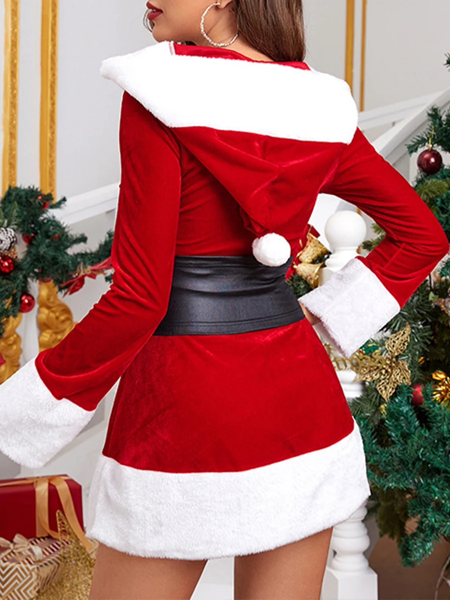 Women's Christmas Santa Dress Deluxe Mrs. Claus Costume Long Sleeve Hooded Dress with Corset Belt