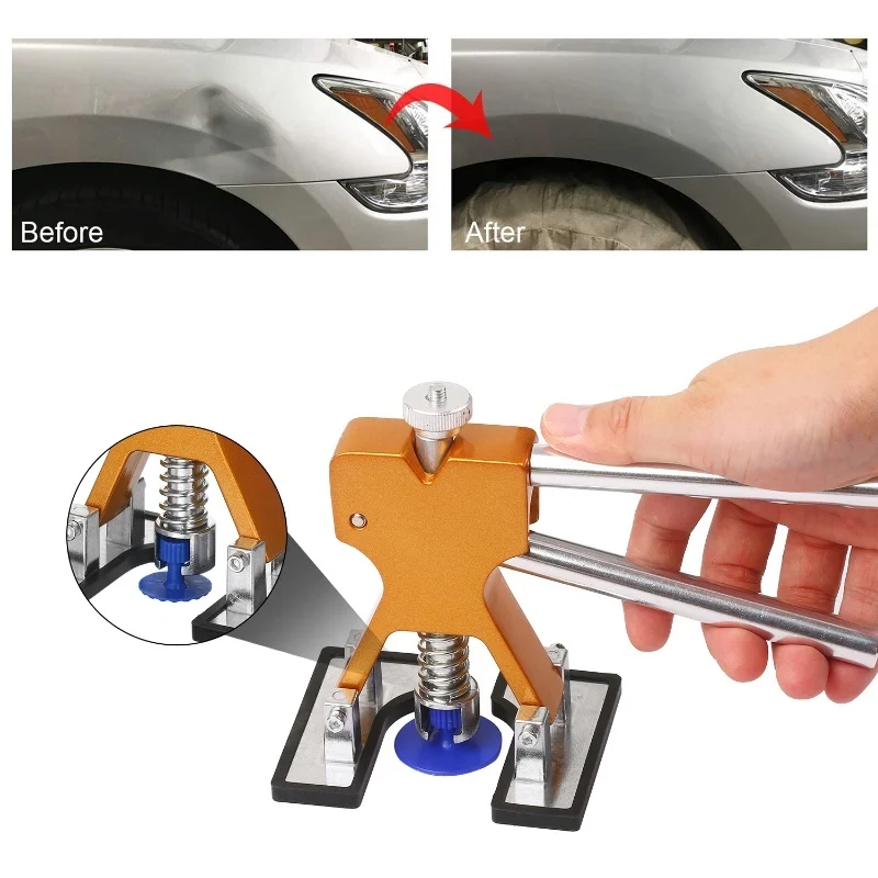 

E9 Auto Paintless Dent Repair Kits Adjustable Gold Dent Lifter Dent Repair Tool With 18pcs Tabs Hail Removal Tools Glue Puller