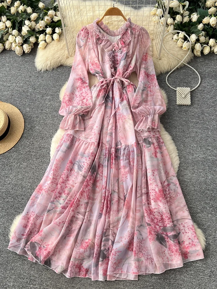 فستان نسائي طويل بطبعة زهور، خصر ضيق، تصميم A-Line، فستان ماكسي صيفي للعطلات، خصر عالي، مصنوع من البوليستر