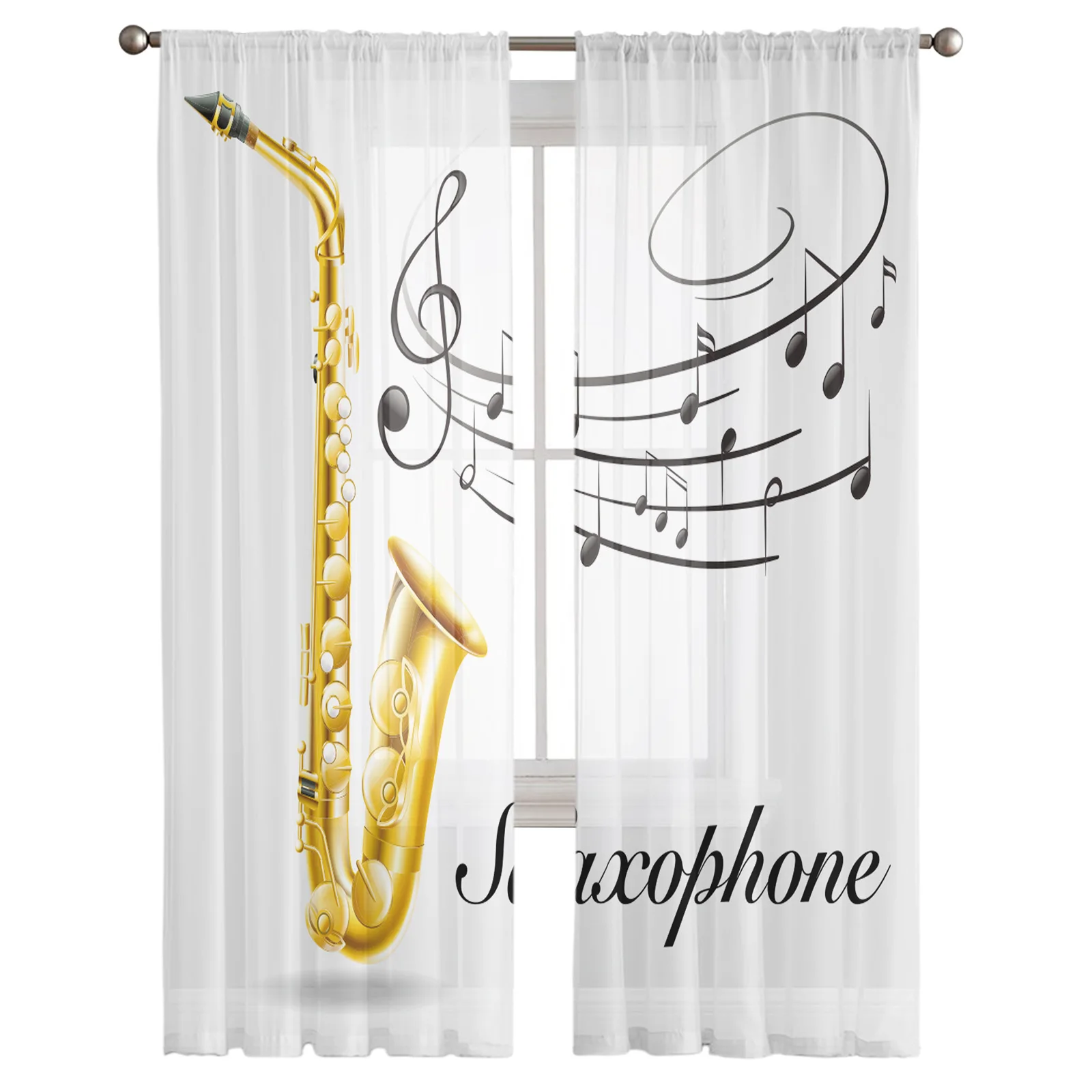 Saxophone Music Note Sheer Curtains for Living Room Bedroom Kitchen Tulle for Windows Voile Yarn Curtains for Bedroom