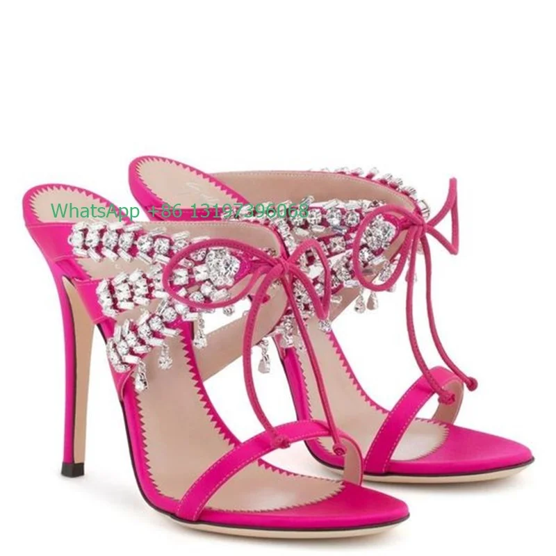 Ladies hot pink high heels sandals & slippers diamond lace-up mules bling open toe stilettos everyday outdoor shoes footwear