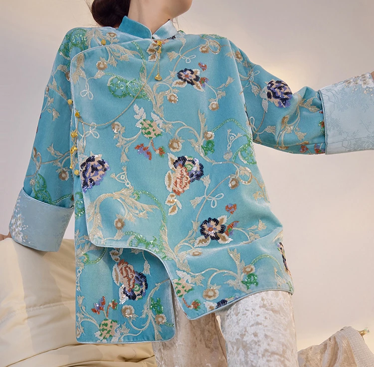 

Женская роскошная куртка с пайетками и вышивкой в виде цветов, весна-осень 2026, новая блузка в стиле Тан, винтажное китайское пальто Ханьфу для женщин