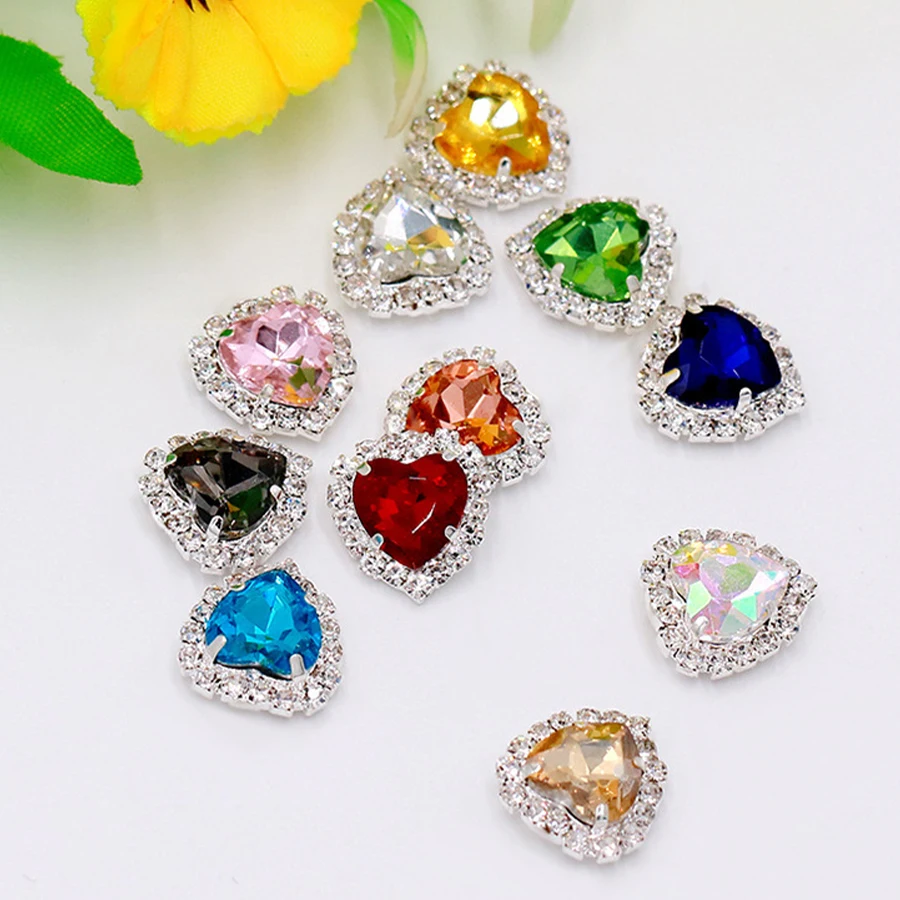 10PCS Heart Shaped Flatback Rhinestones Button Crystals Glass Jewelry Making Sewing On With Silver Bottom Stones For Clothes Diy