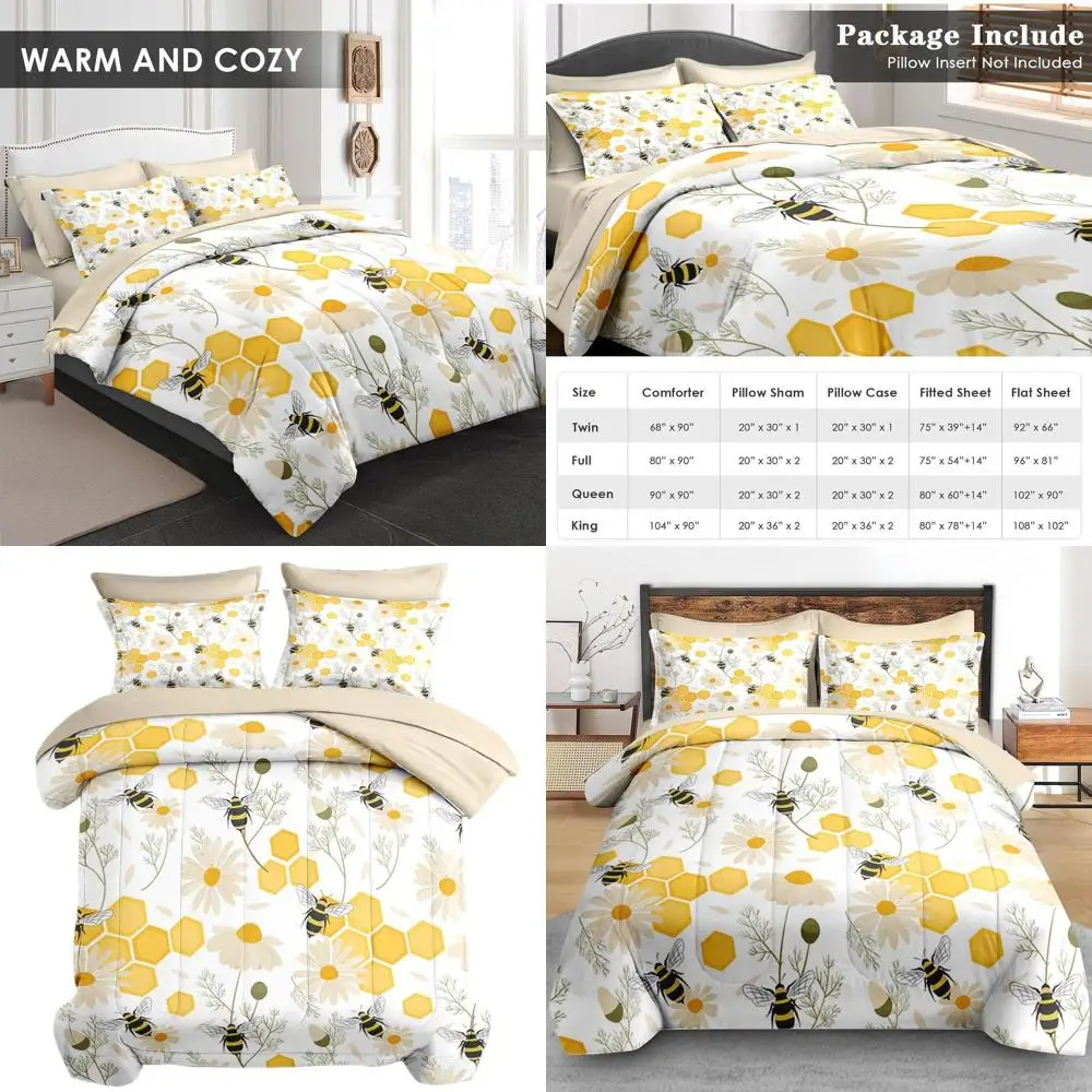 

Queen Size Bee & Flower 7-Piece Comforter Set: Spring Floral Bedding for Kids & Adults with Sheets & Pillowcases