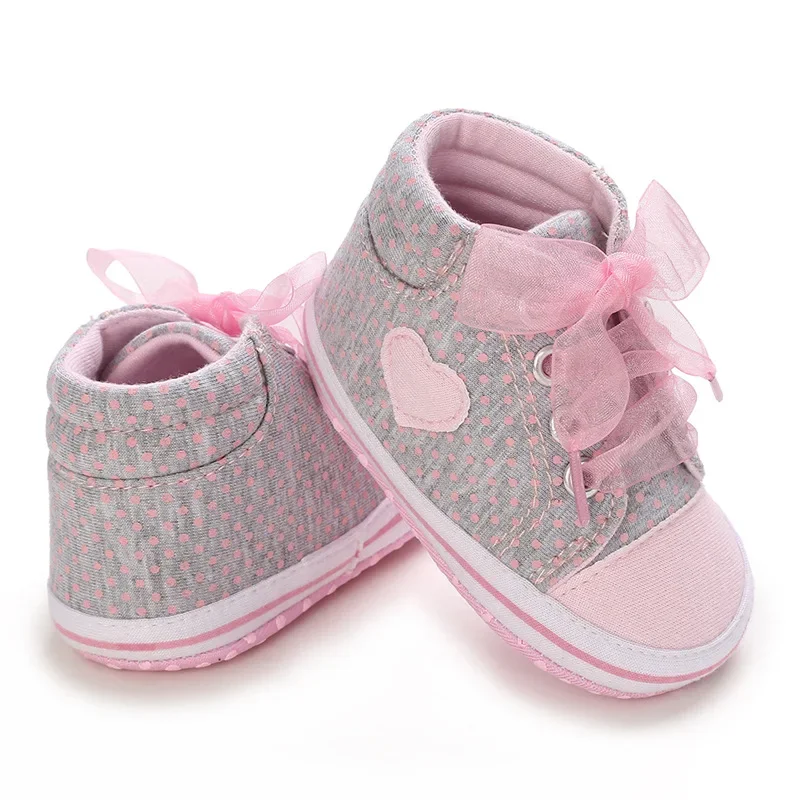 Best-selling Newborn Baby Infant Wearable Toddler Girls Canvas Shoes Heart Bow Tie Baby Lace Casual Shoes Anti-slip Soft Cotton