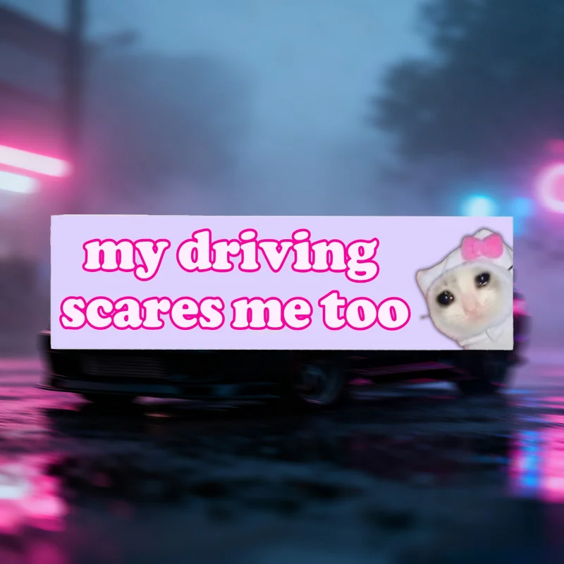 

1PC Cute Bow-Kitted Cat "My Driving Scares Me Too" Sticker (Pink Style) - Humorous Car Decor Vinyl Decal