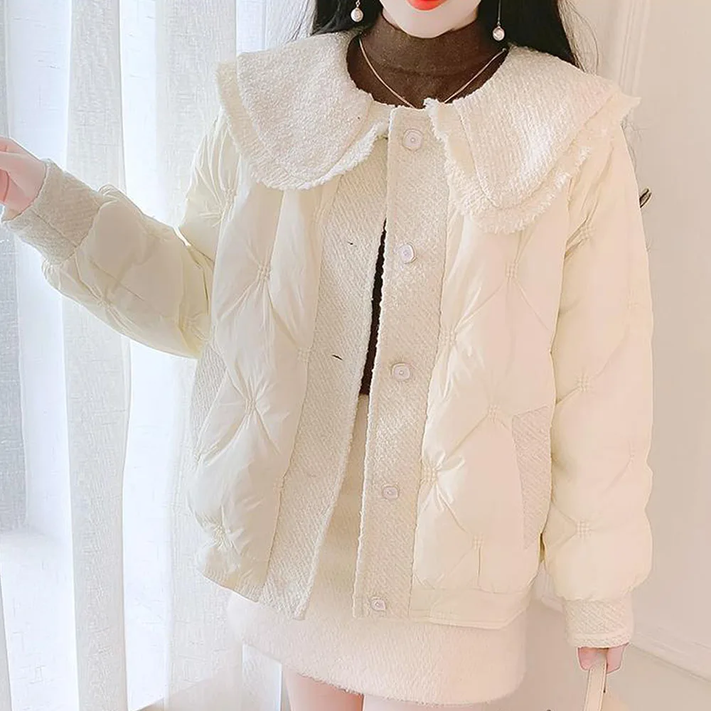 

Fashion Sailor Collar Coat New Short 2025 Autumn Winter Women Cotton Padded Jacket Chic Warm Diamond Thicken Solid Chic Parkas