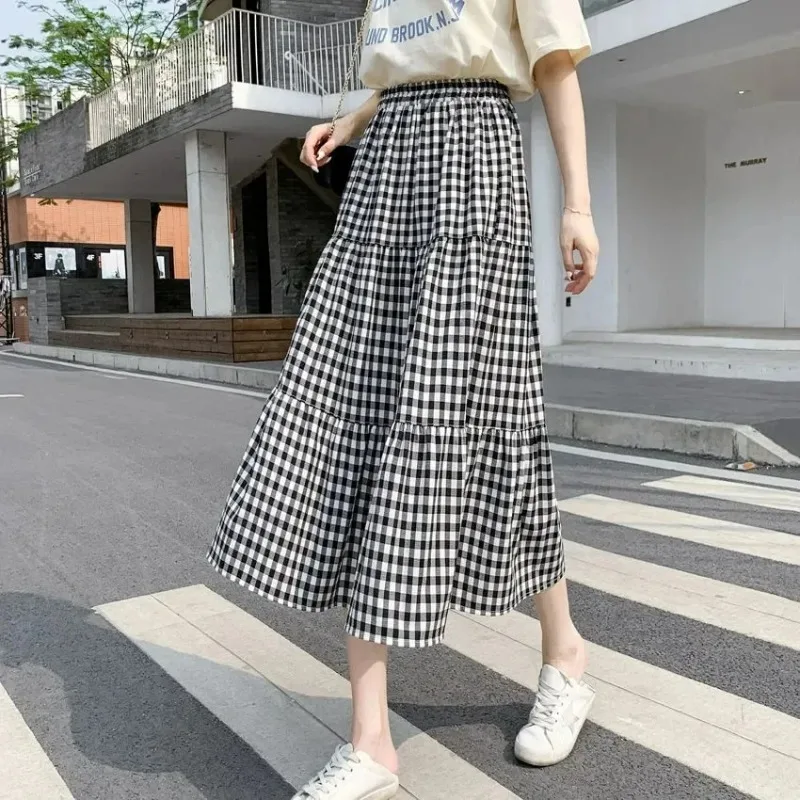 

Women's Loose Black High Waist A- Line Mini Skirt Slim Fit Vintage Midi Plaid Print Patchwork Korean Style Skirts for Summer