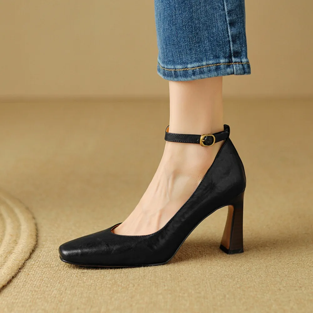 Genuine Leather Vintage High Heel Pumps Women Elegant Square Toe Mary Jane Shoes Woman Ankle Buckle High Heeled Shoes Female