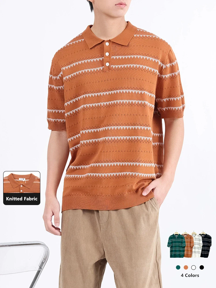

Hollow Breathable Knitted Polo Shirts For Men Striped Stretchy Summer Quality Viscose Blends Silky Comfortable Camisas De Hombre