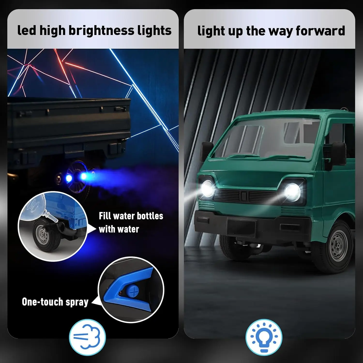KF21 RC Truck 1:16 2,4 GHz RC Car Simulation Drift Climbing Truck mit Spray und LED-Leuchten RC Electric Truck Modell Jungenspielzeug