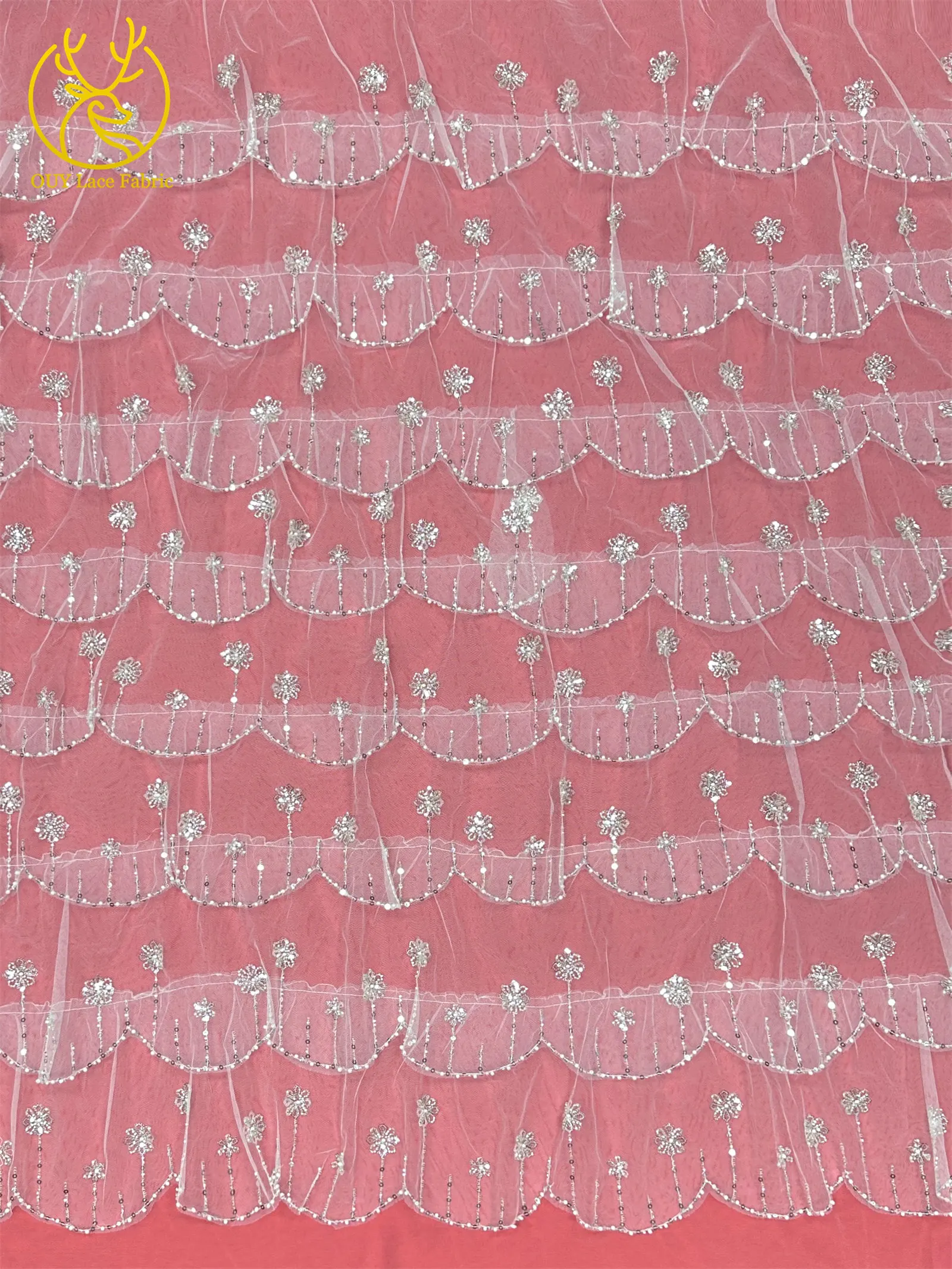 Roter Modischer 3D Tüll Perlen-Pailletten-Spitzenstoff 5 Yards Afrikanischer Spitzenstoff Nigerianischer Tüll-Netzstoff Braut-Hochzeitsstoff – Detail 12