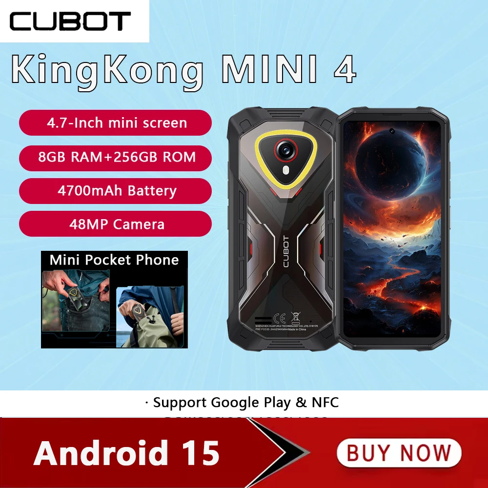 Прочный смартфон Cubot KingKong MINI 4, Android 15, до 20 ГБ ОЗУ + 256 ГБ ПЗУ, 4,7-дюймовый мини-телефон, 4700 мАч, 48 МП, маленький мобильный телефон NFC