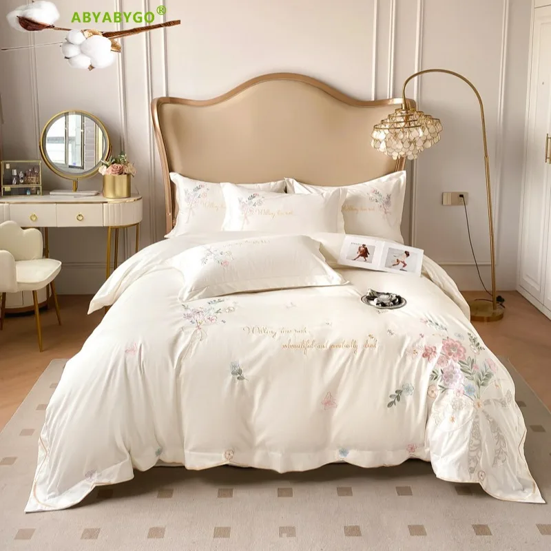 Chic Flowers Embroidery Bedding Set Luxury Long Staple Cotton Duvet Cover Set Bed Sheet and Pillowcases King Size Bedding Set