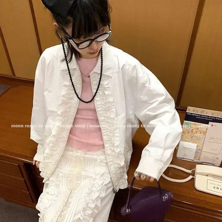 Nomikuma French Lace Niche Long Sleeved Korean Pleated Casual White Shirt Jacket 2024 Spring Autumn New Cardigan Coat