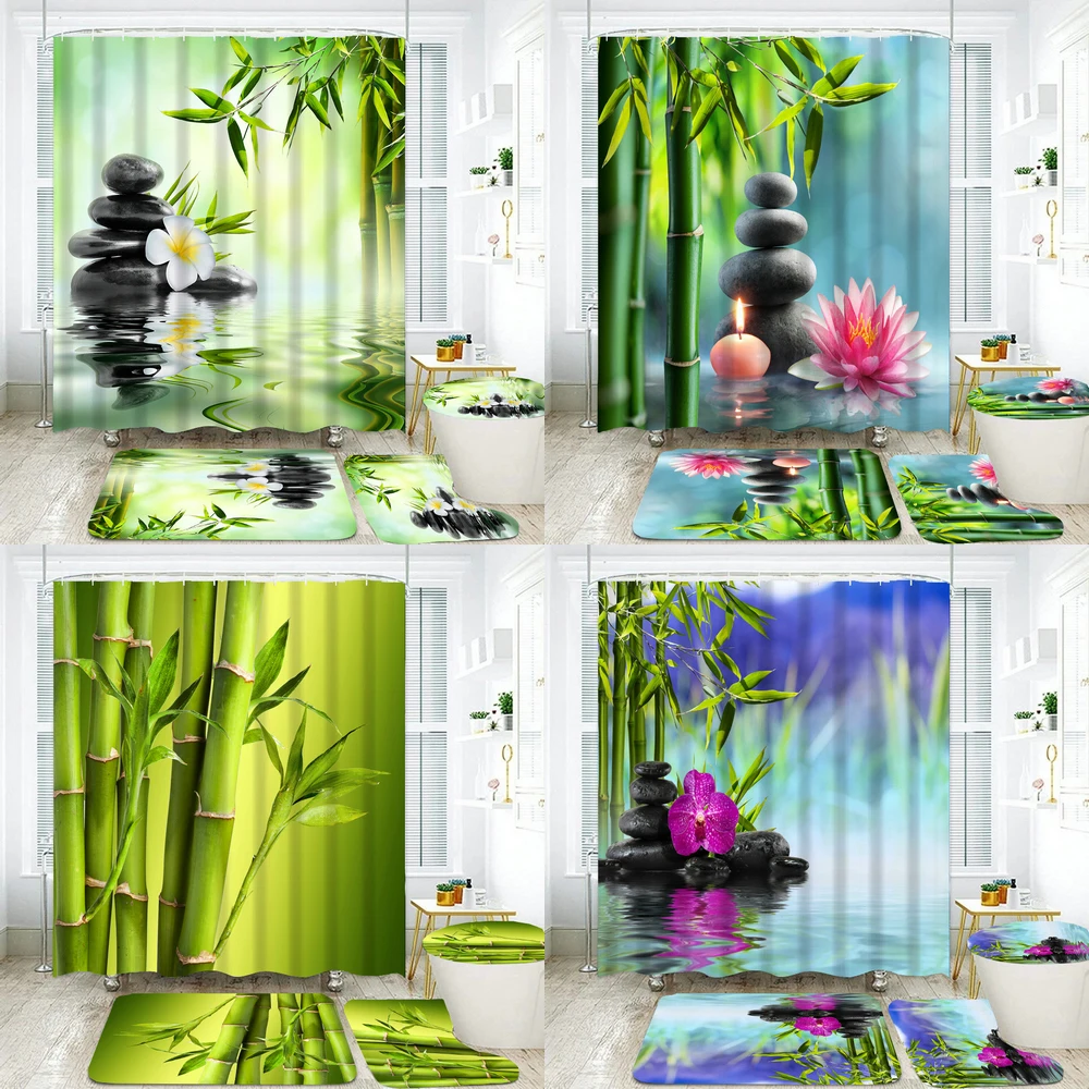 

Zen Stone Bamboo Leaf Flower Shower Curtain Set With Non-slip Carpet Bath Mat Flowing Water Plant Bathroom Curtains Toilet Cover
