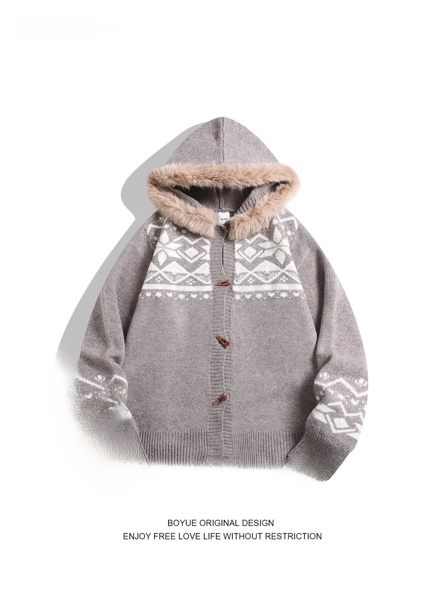 

Мужской вязаный кардиган Boyue с капюшоном и меховым воротником, ленивый рог, пуговицы, остров Sle, повседневная зимняя верхняя одежда, свитер, пальто