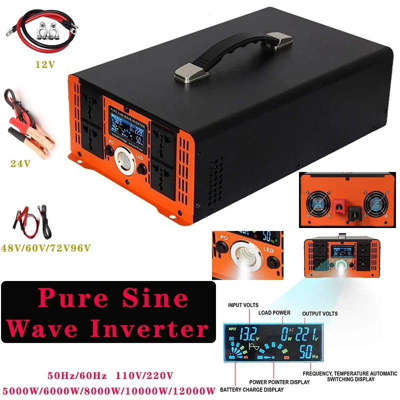 12000W Pure Sine Wave Inverter--24V/48V/60V/72V/96V Converter for Home, RV and Off-Grid Solar Systems + 2 AC Outlet & LED Light