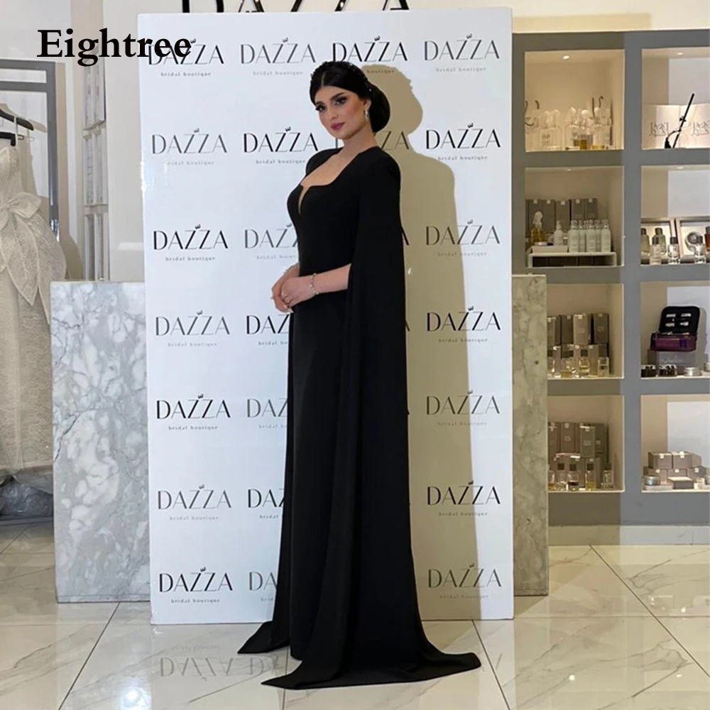 

Eightree Black Long Evening Dress Mermai Cap Sleeves Vinatge Satin Floor Length Vestido De Noche Formal Occasion 2023