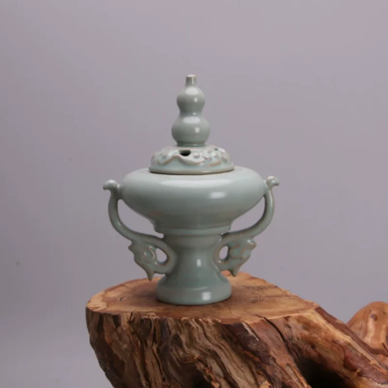 Vintage Ru Kiln Blue Glazed Double Dragon Incense Burner - Traditional Chinese Ceramic Artwork, Desktop Decor & Collectible