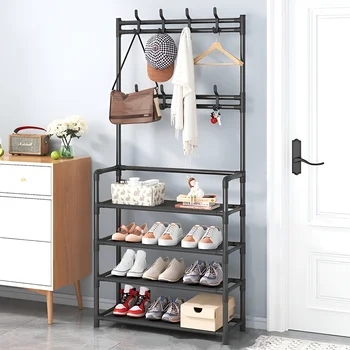 Shoe Rack Coat Rack Strand Simple Metal Storage Rack with Hooks Multipurpose Coat Hanger and Shoe Shelf  for Entryway Home 1