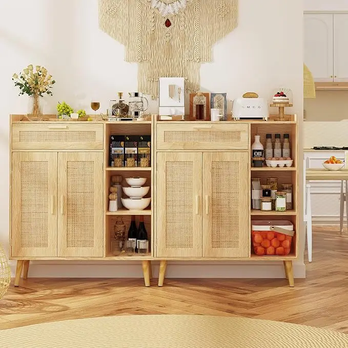 Rattan cabinets Rattan braids Double door lockers Against the wall Dining side cabinets Dining room Living room storage cabinets