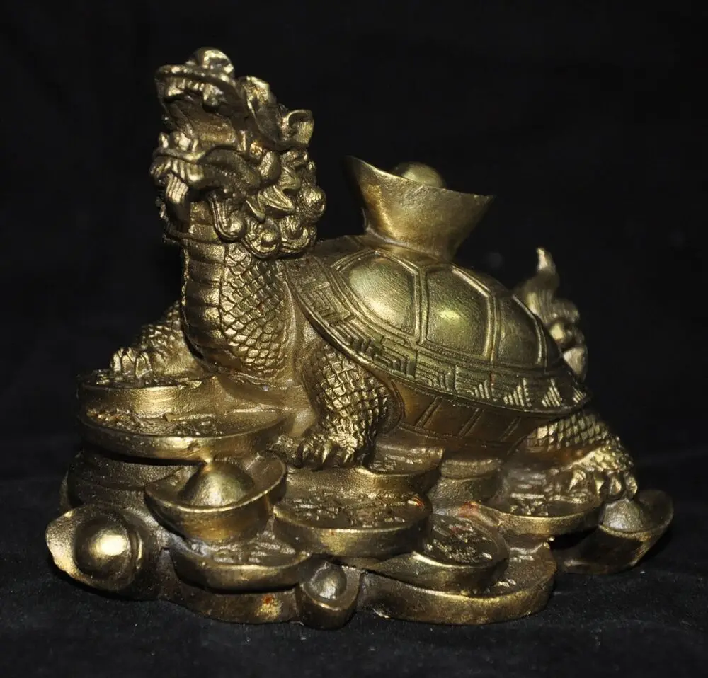 China brass Feng Shui Lucky animal turtle Bullions Ingot yuanbao coin statue