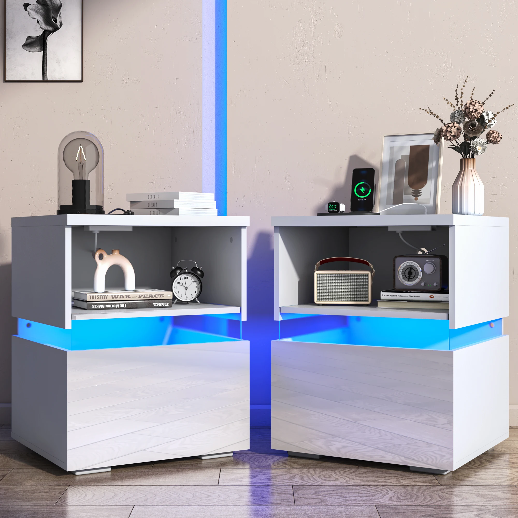 LED Nightstand Set of 2 w/Charging Station, High Gloss End Table with Storage for Living Room, Modern Bedside Table for Bedroom