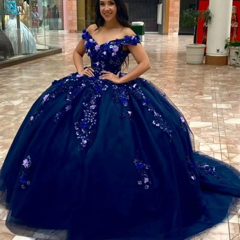 

Navy Blue Off Shoulder Ball Gown Quinceanera Dresses 3D Flower Applique Sweet 16 15 Birthday Dress Vestido De 15 Anos Pageant