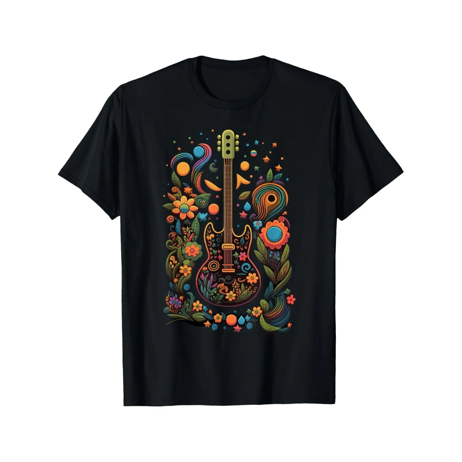 Floral Electric Guitar Graphic Tee Bohemian Psychedelic Music Lover Casual Soft T-Shirt Unisex Daily Wear