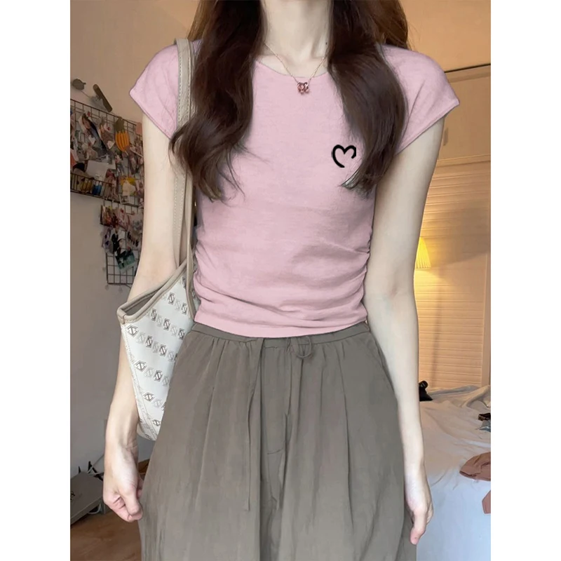 Summer 2026 Women's Cotton Short Sleeve T-Shirt Slim Fit Short Style Pink Trendy Top round Neck Korean Style Commute Fashion