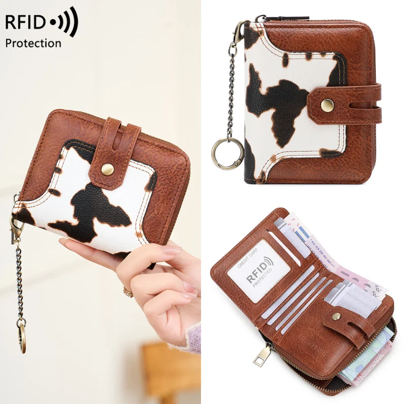 西洋風rfidブロッキングキーチェーン付きコントラストカラーエンボス加工ショートレディースウォレット大容量ジッパーハスプ財布