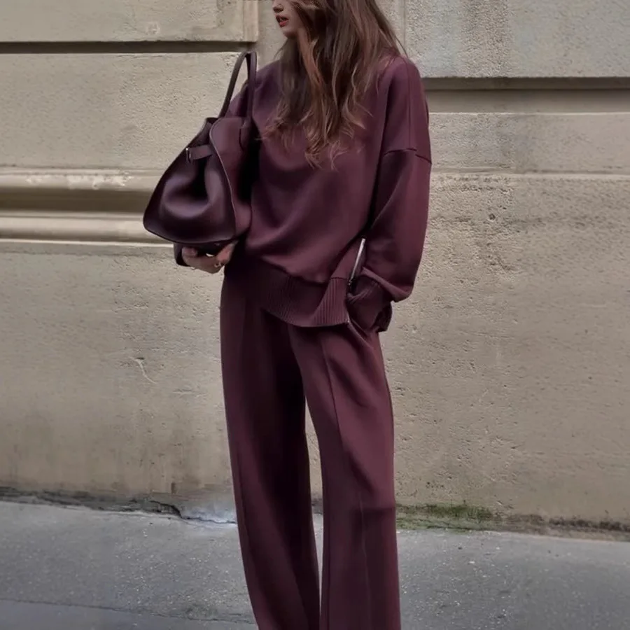 Vintage Spring Autumn Loungewear Women Set Sweater Solid Wide Leg Trousers Lazy 2 Piece Women Suit Casual Knitted Long Pant Sets