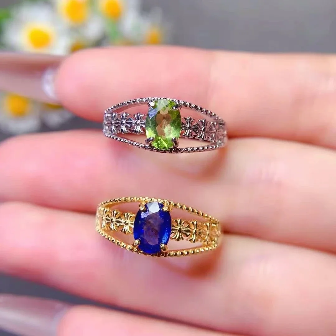 

Antique Look 925 Silver Ring 5mm*7mm Natural Sapphire Ring 18K Gold Plated Peridot Silver Jewelry