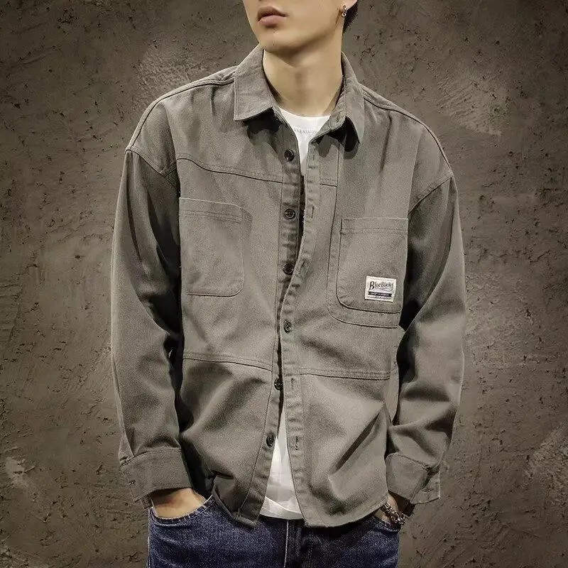 

American Workwear Shirt Men Long Sleeve Loose Vintage Casual Shirt Jacket