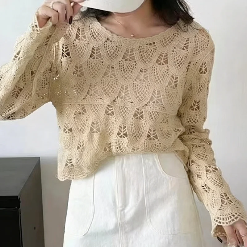 

Вязаный крючком топ с открытыми швами, женская блузка с длинным рукавом из прозрачного кружева, вязаный джемпер, пляжная накидка, бохо, весна-лето 2026, коттеджкор