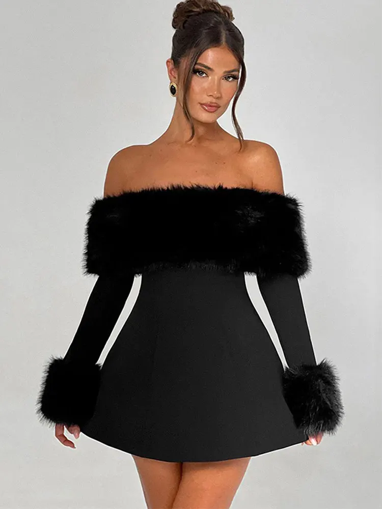 GACVGA Faux Fur Off Shoulder Sexy Mini Dress For Women Autumn Winter Elegant Backless High Waist A-line Club Party Evening Dress