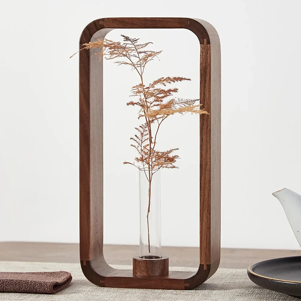 HeMu Minimalist Wooden Frame Test Tube Vase Walnut Wood Hydroponic Planter