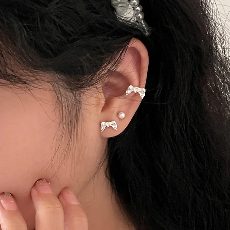 Vent fille 925 Sterling Silber Bogen Knoten Ohrclip für Frauen Mädchen Liebe Herz unregelmäßige Textur süßen Schmuck Geschenk Drops hipping
