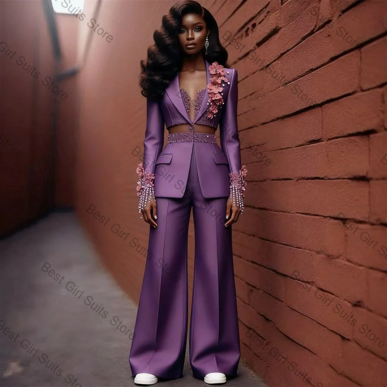 

Фиолетовый женский костюм-двойка: укороченный пиджак и брюки с 3D цветами и бисером, для офиса, нарядный, индивидуальный пошив, свадебный пиджак