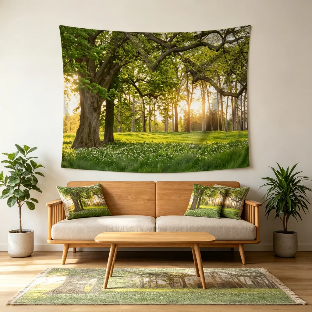 1PC Green Forest Sunlight View Art Print Backdrop Banner, Bedroom Living Room Photo Background, Polyester, Home Decor, Wall Art