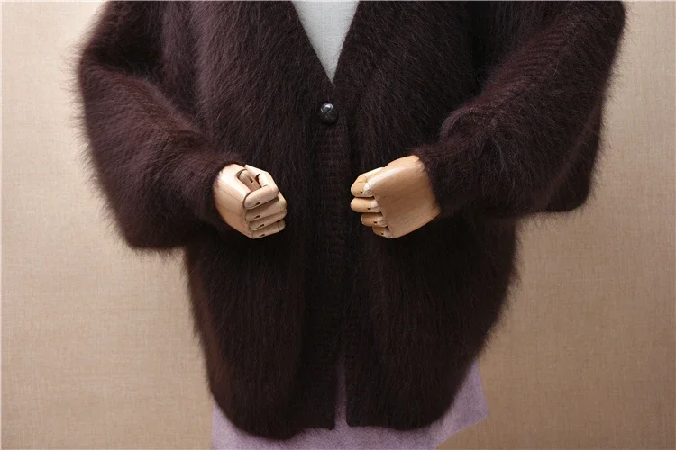 Weibliche Frauen Frühling Herbst Dicke Warme Haarigen Nerz Kaschmir Gestrickte Lange Batwing Ärmeln V-ausschnitt Lose Strickjacke Jacke Mantel Pullover